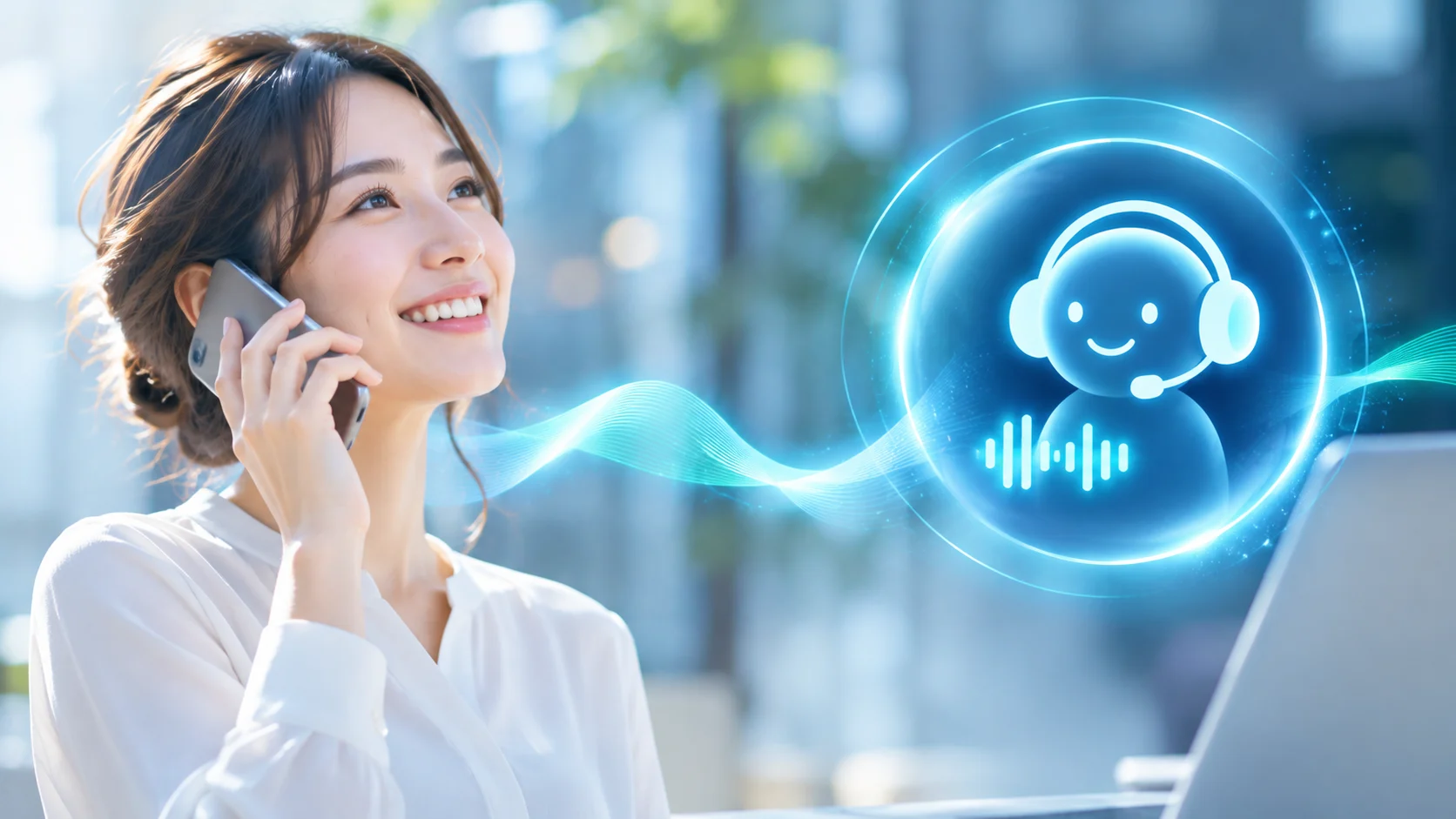 スマートフォンで話す女性と、応答するAIのイメージ