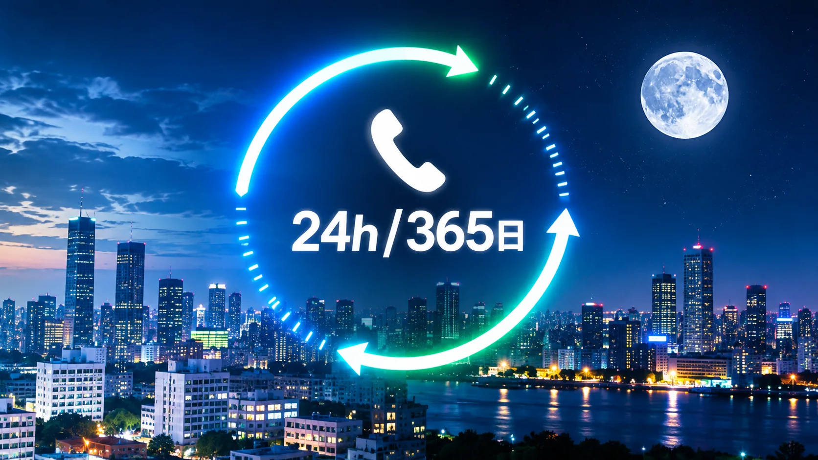 夜の街と、24時間365日を示す電話のアイコン