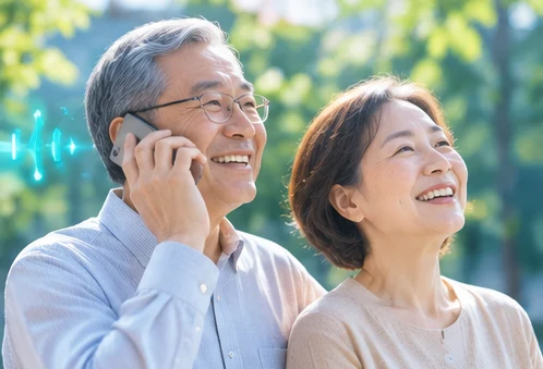笑顔で電話をする年配の夫婦