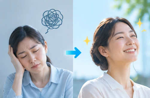 電話対応に困った表情から、笑顔に変わる女性